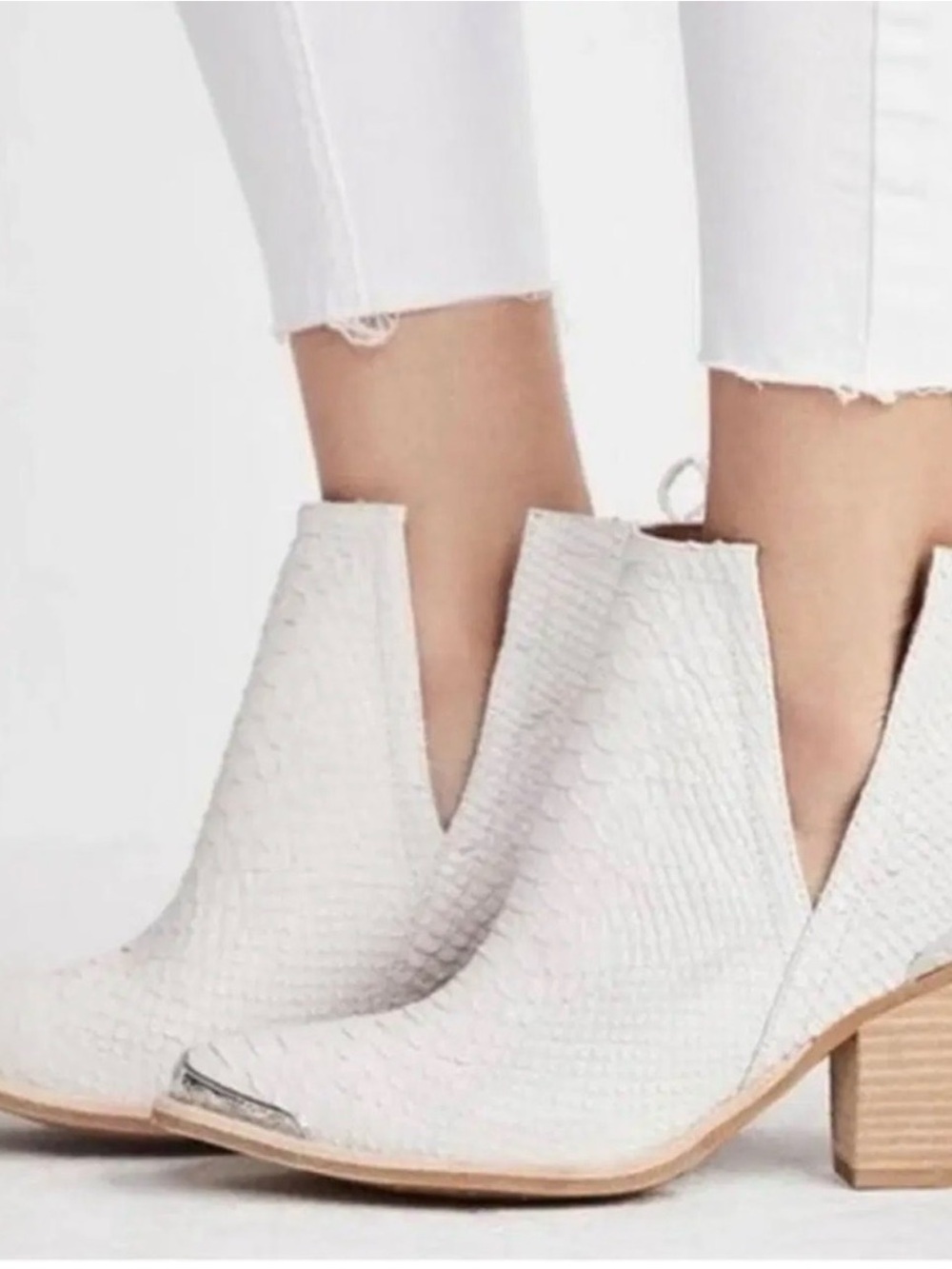 Jeffrey Campbell Cromwell White Snake skin Ankle Booties with Metallic Toe